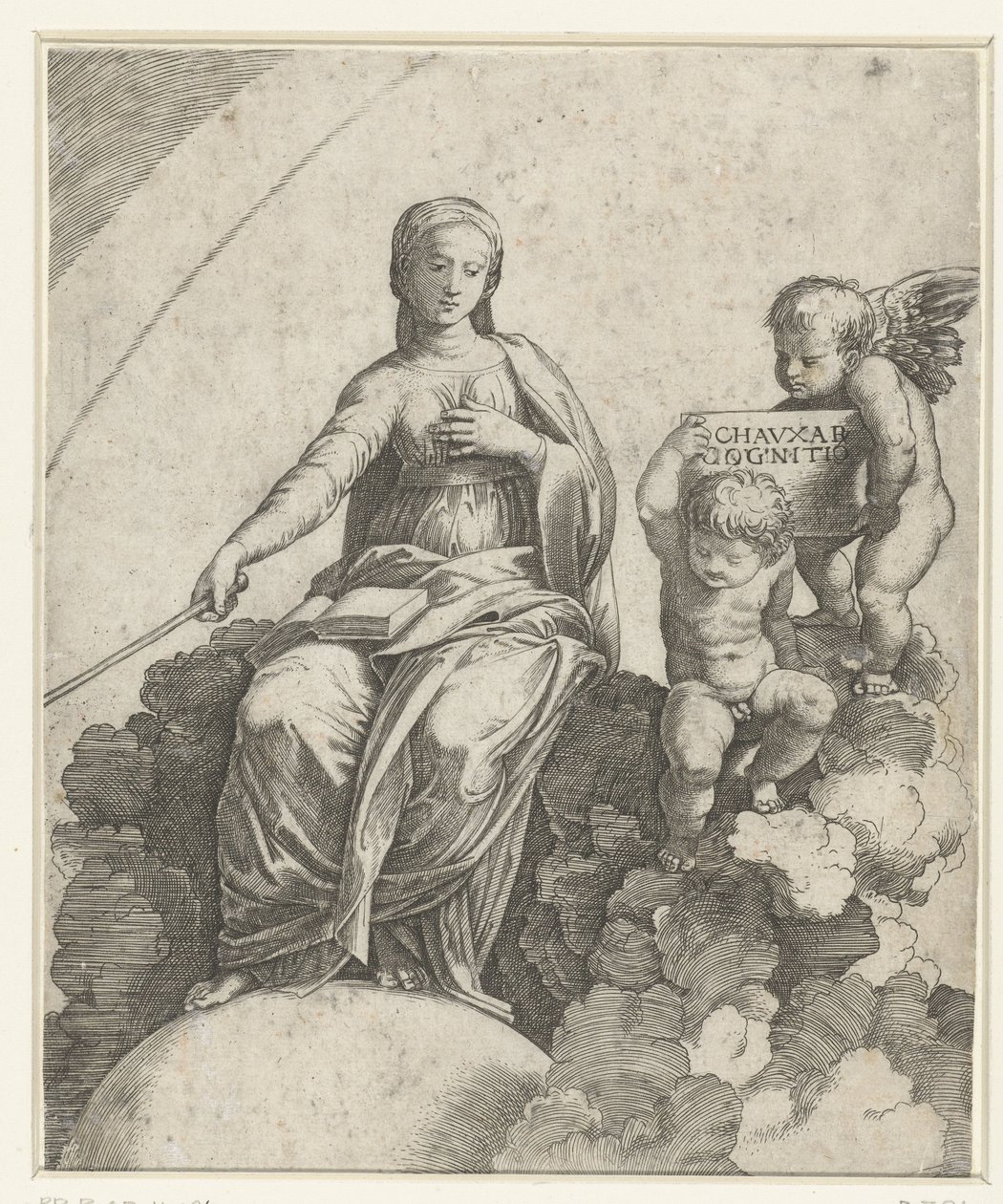 Felsefenin kişileşmesi olarak kitap ve asalı kadın bulutların üzerinde oturuyor ve ayakları kürenin üzerinde duruyor ve yanında iki putti var. by Marcantonio Raimondi