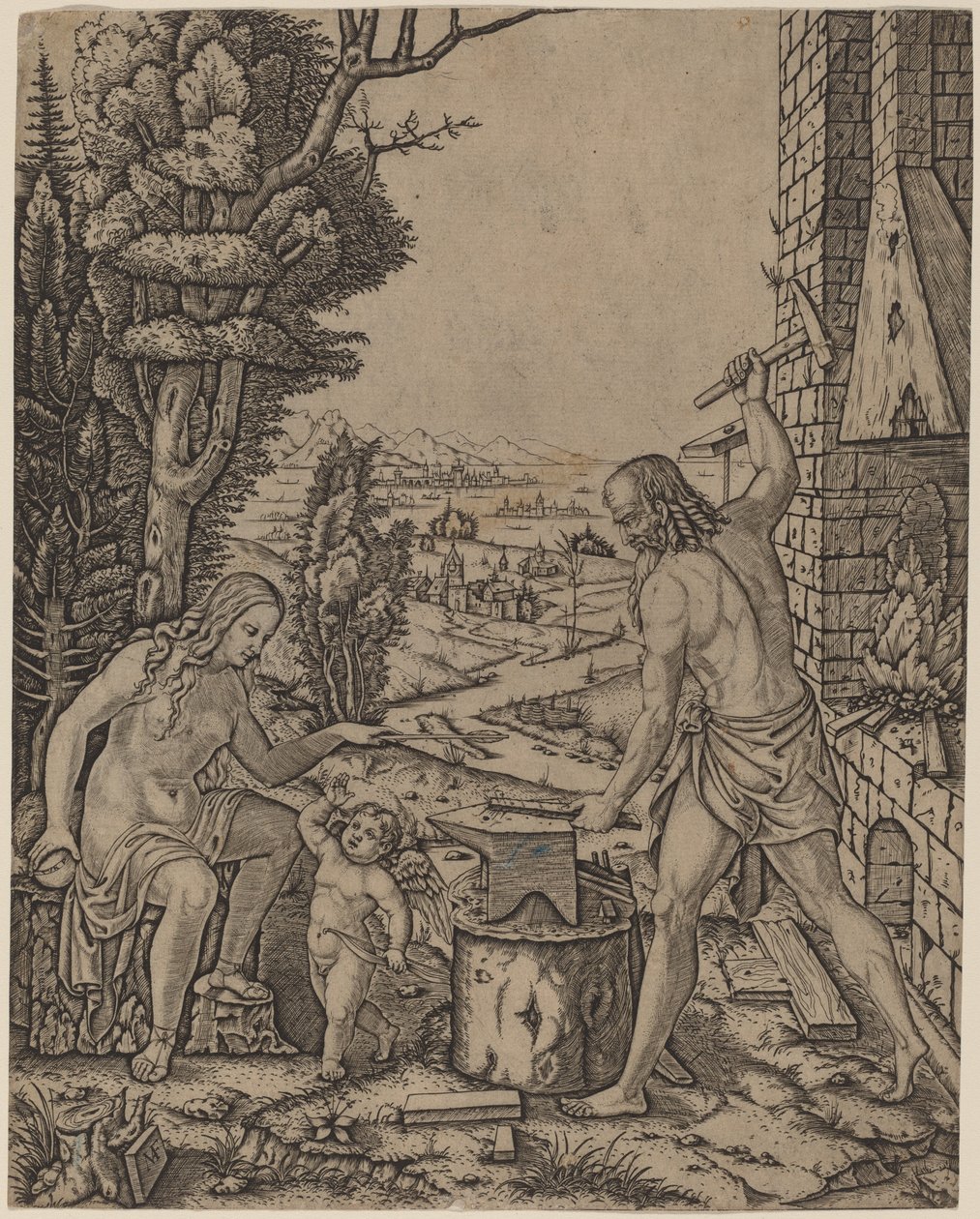 Vulkan, Venüs ve Eros by Marcantonio Raimondi