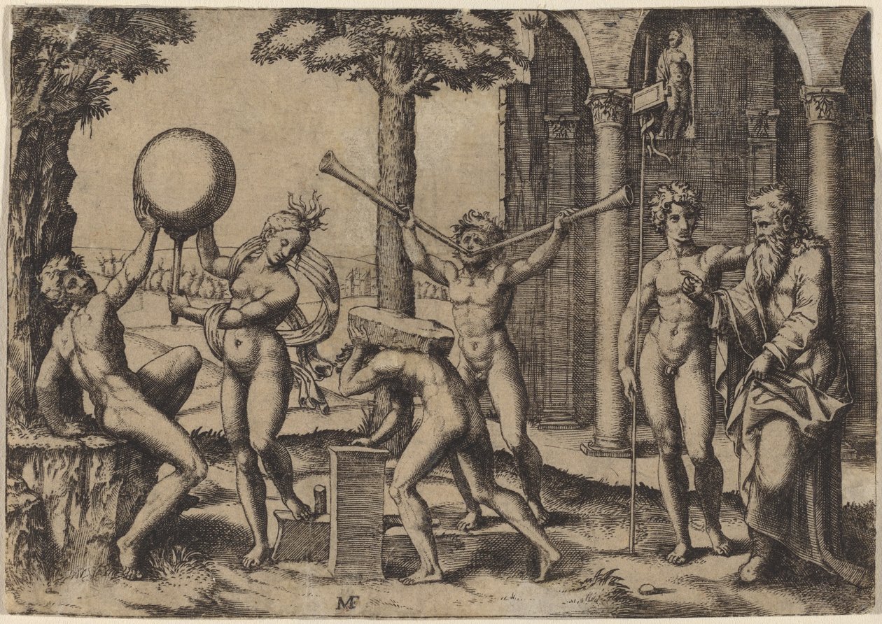 İki Trompetli Adam by Marcantonio Raimondi after Baccio Bandinelli
