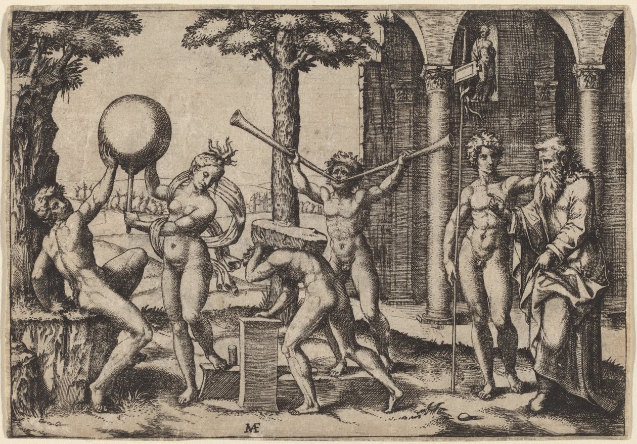 İki Trompetli Adam by Marcantonio Raimondi after Baccio Bandinelli