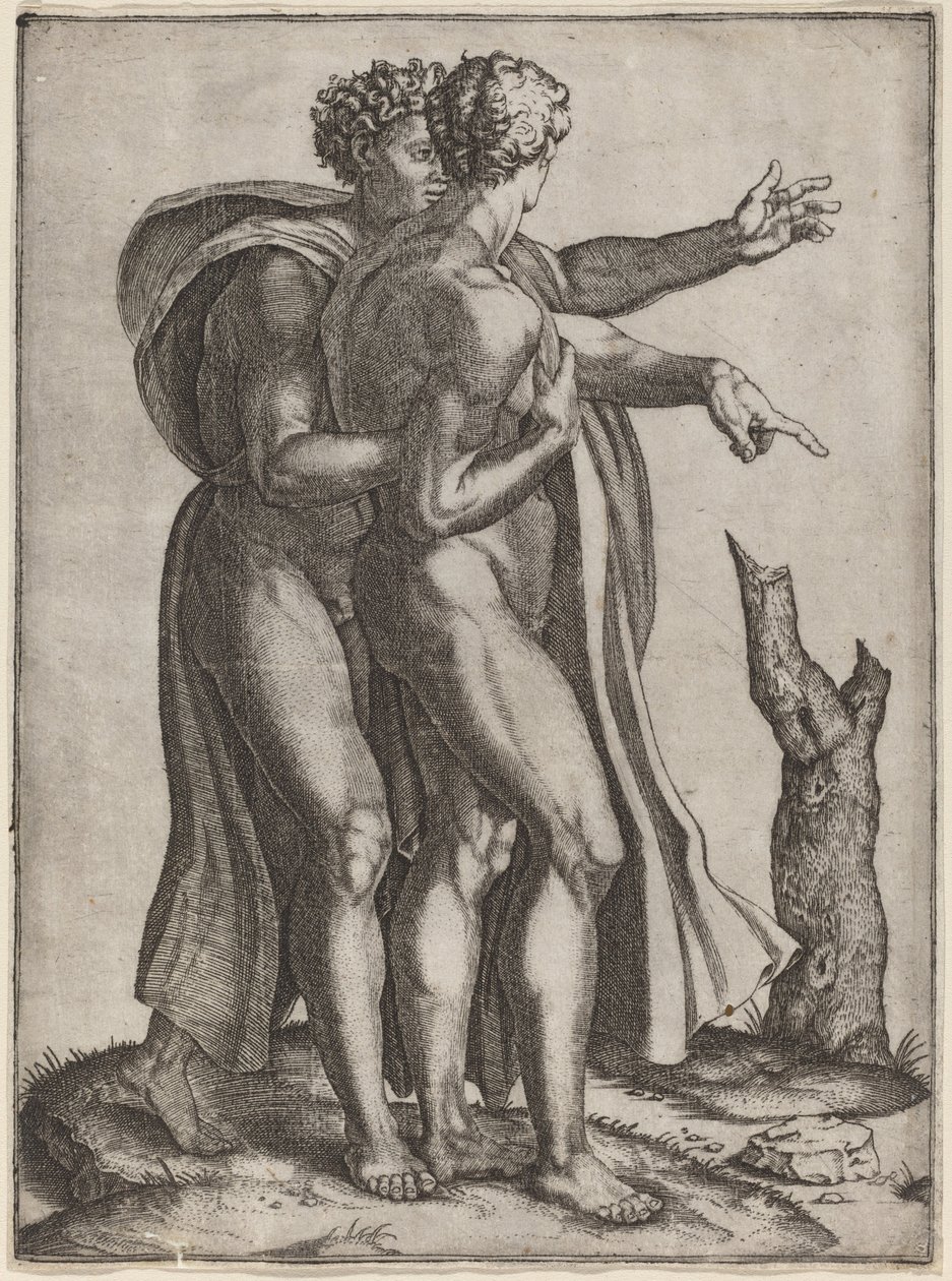 iki çıplak erkek by Marcantonio Raimondi after Michelangelo