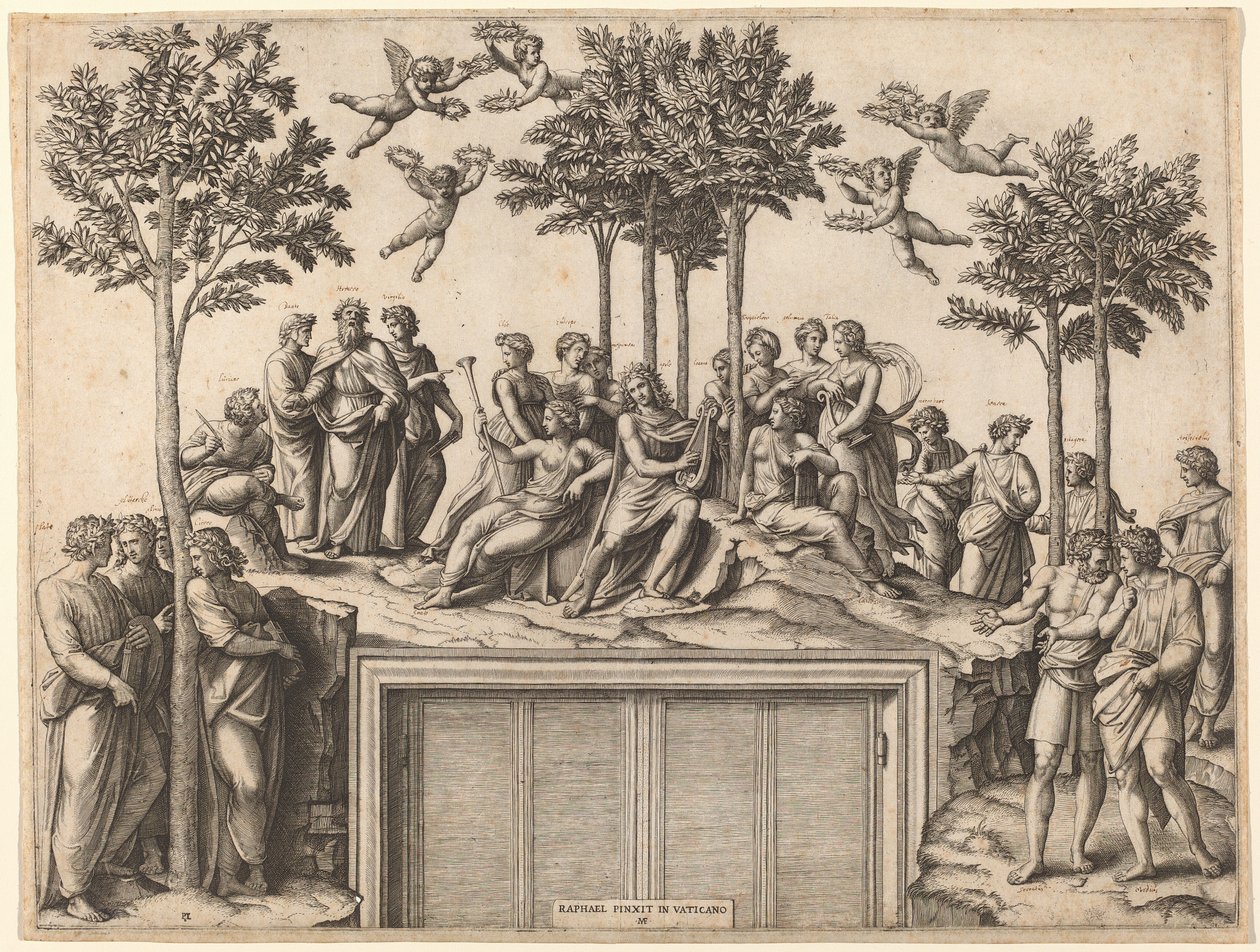 Parnassus'taki Apollon by Marcantonio Raimondi after Raphael