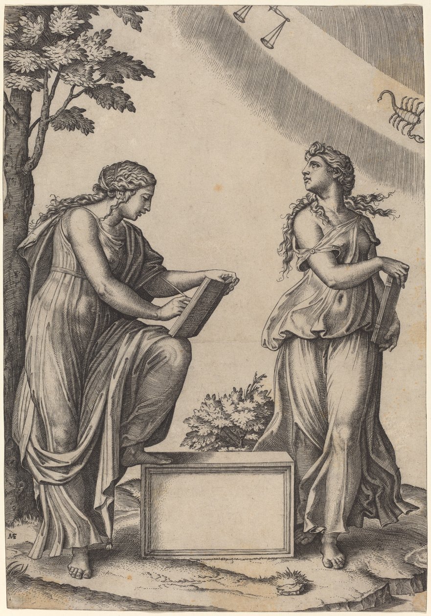 Zodyak ile iki kadın by Marcantonio Raimondi after Raphael