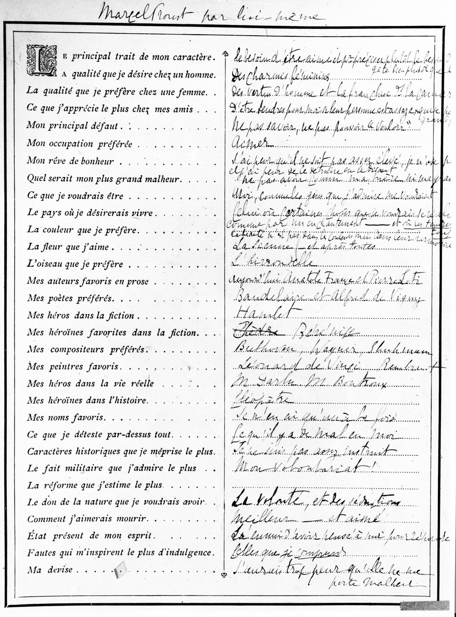 Marcel Proust tarafından doldurulan anket, 1890 (kalem, mürekkep ve basılı kağıt) by Marcel Proust