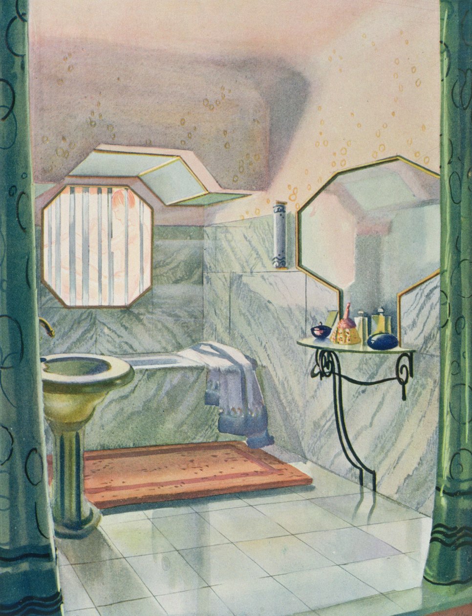 'Interieurs en Couleurs'dan Marcel Dalmas tarafından tasarlanan banyo, 1925'te yayınlandı (renkli litho) by Marcel Dalmas