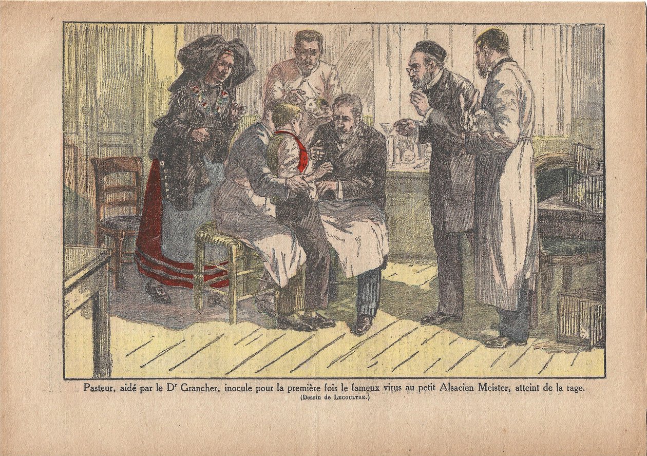 Pasteur, Dr. Grancher'in yardımında ünlü virüsü ilk kez kuduza yakalanmış Alsaslı küçük efendiye aşıladı., Le Pèlerin, 5/11/1922 (baskı) by Marcel Lecoultre