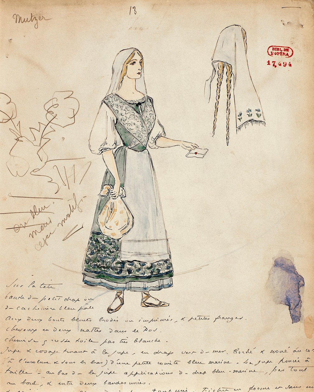 Fransa, Paris, Georges Bizet'nin Carmen için Michaela kostüm taslağı by Marcel Multzer