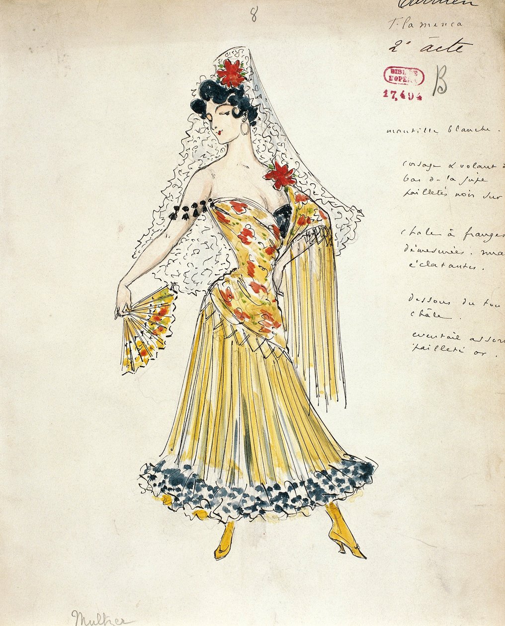 Fransa, Paris, Georges Bizet tarafından Carmen için flamenko dansçıları için kostüm taslağı by Marcel Multzer