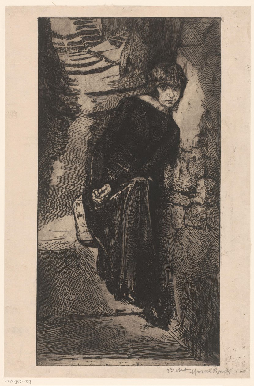Siyah giyinmiş, duvara yaslanmış kadın Misère de misère (nesne üzerine başlık) Zevk kızı (dizi başlığı) Fille de Joïe (nesne üzerine dizi başlığı) by Marcel Roux (signed by artist)