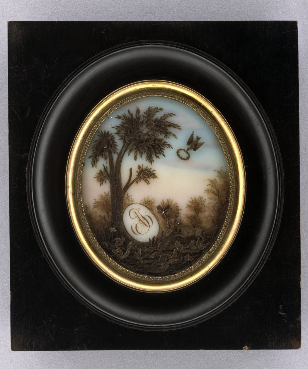 Plak, c.1880 (cam, yaldız, ahşap ve cam üzerine sulu boya ve saç işi) by Marcellin Marcellin
