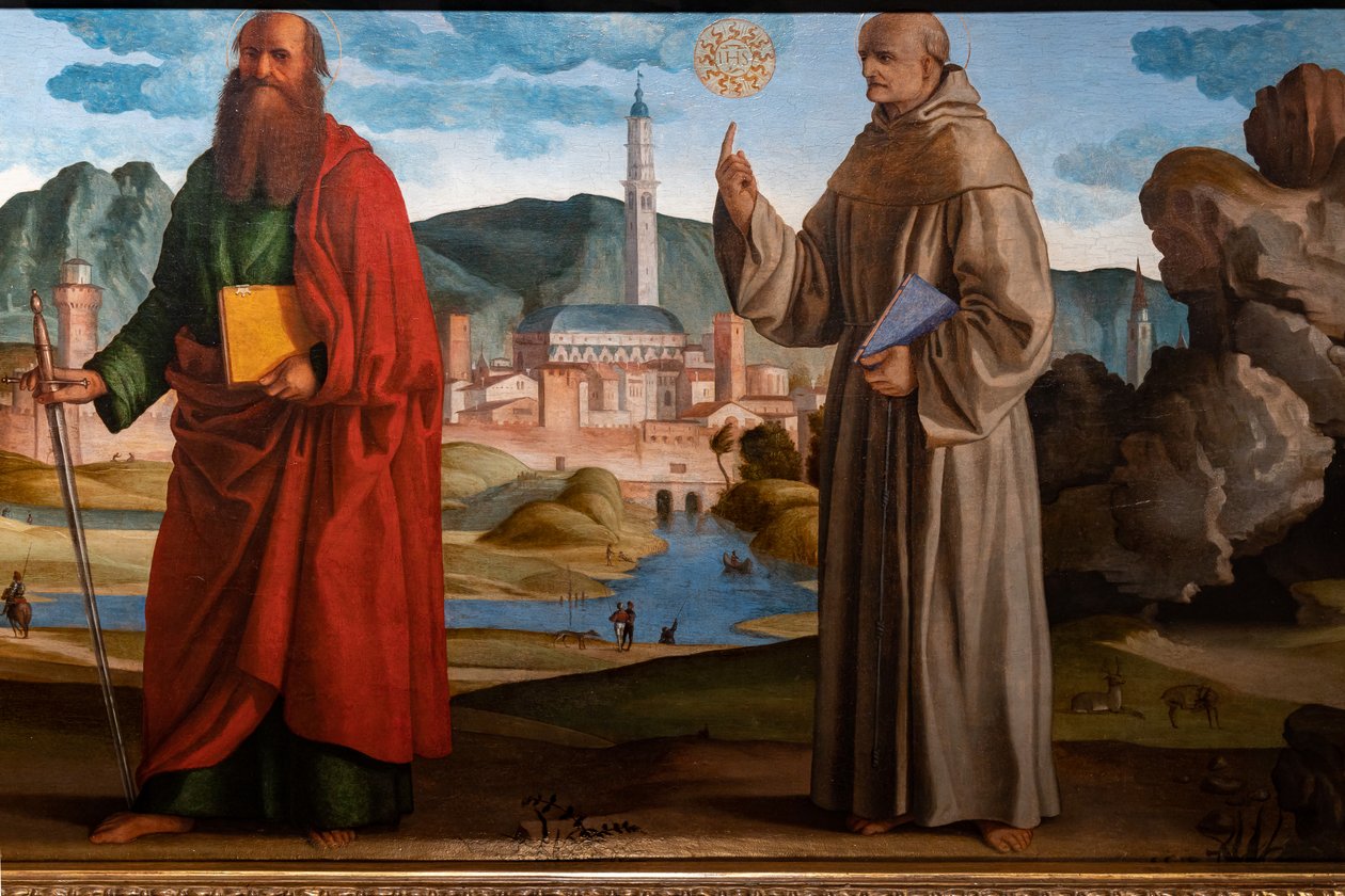 St. Francis, St. Clare ve Peter, Breganze'nin kutsanmış Bartolomeo'su ve St. Paul ve Bernardino arasında stigmata alıyor, detay by Marcello Fogolino