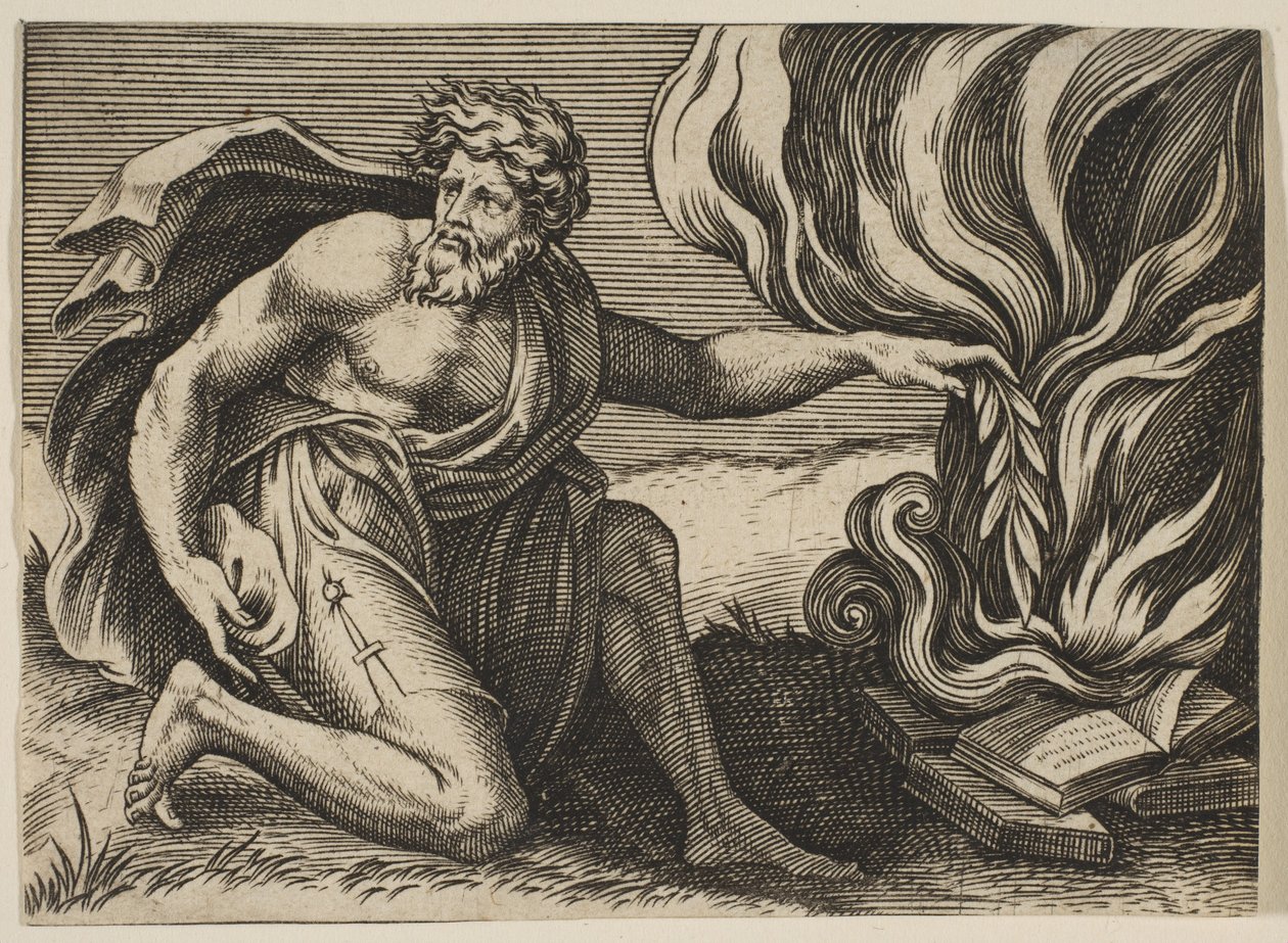 Diz çökmüş ve yanan kitap yığınının üzerine bir defne dalı koyan bir adam, yaklaşık. 1515-27. by Marco Dente