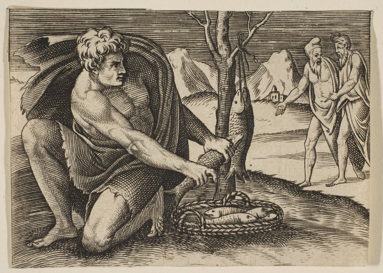 Bir balık sepetinin yanında diz çökmüş ve birini iki eliyle tutan bir adam, iki adam ..., yakl. 1515-27. by Marco Dente