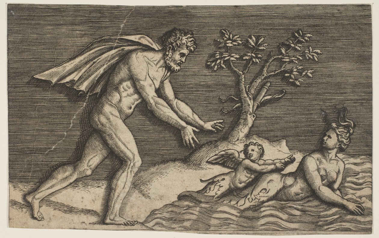 Suya bir naiad ve bir aşk tanrısı kovalayan çıplak bir adam, ca. 1515-27. by Marco Dente
