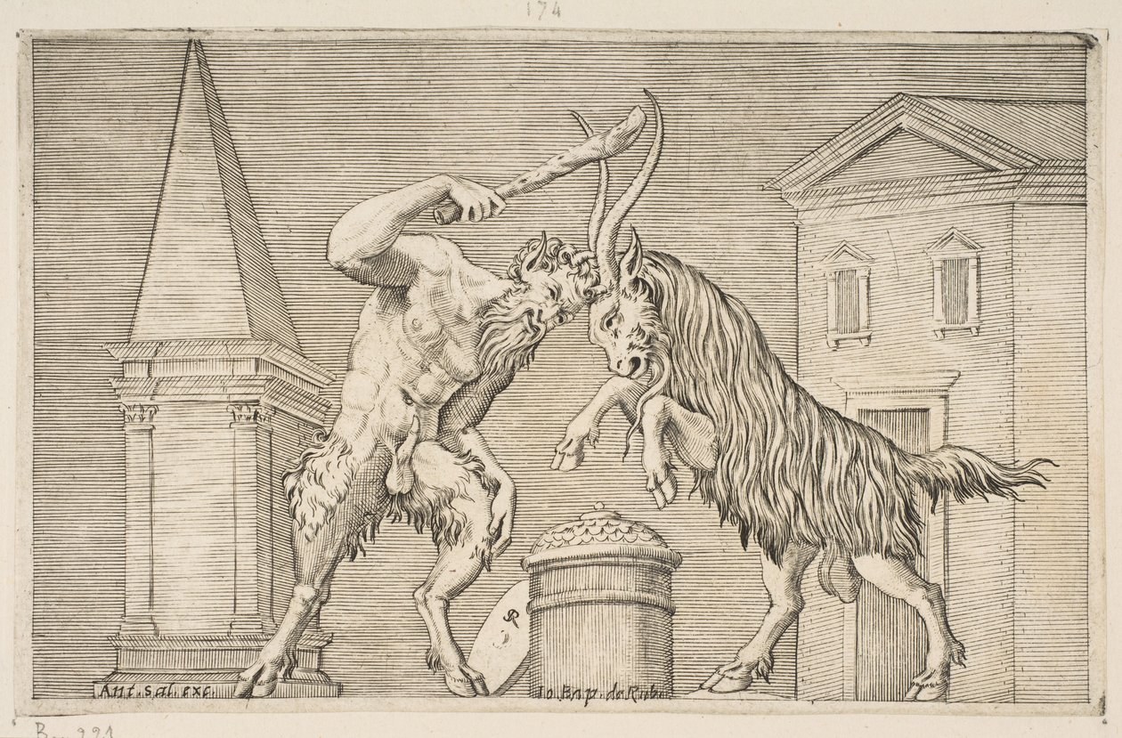 Bir satir ve bir koç birbirine saldırıyor, satir sağ ha..., yakl. 1515-27. by Marco Dente