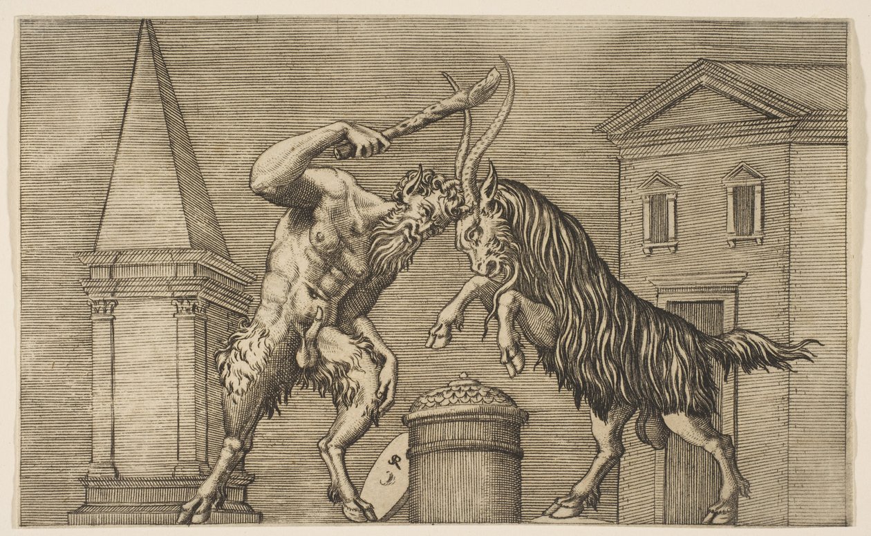 Bir satir ve bir koç birbirine saldırıyor, satir sağ ha..., yak. 1515-27. by Marco Dente