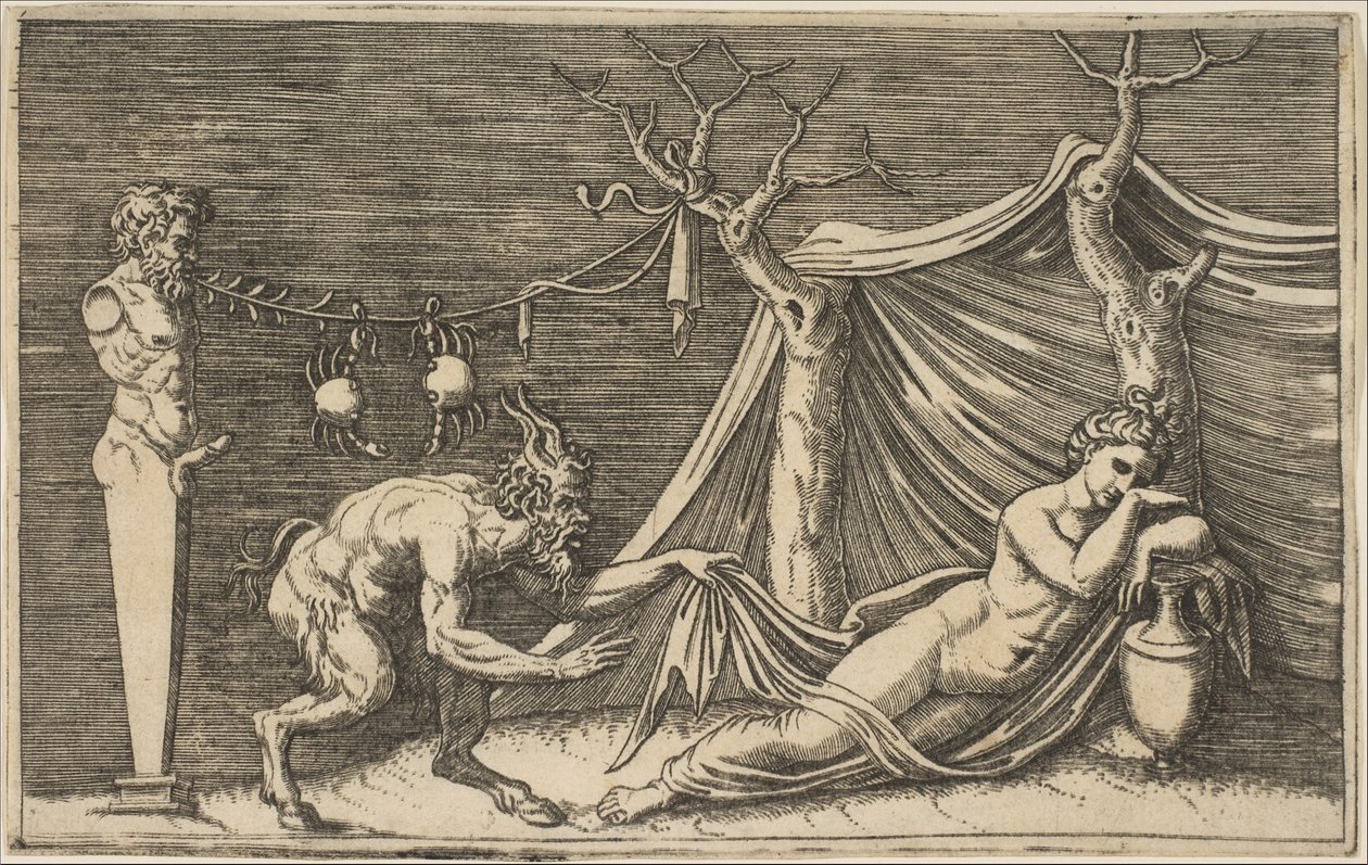 Uyuyan bir kadın bulan bir satir, gergin bir ipten sarkan iki yengeç..., ca. 1515-27. by Marco Dente