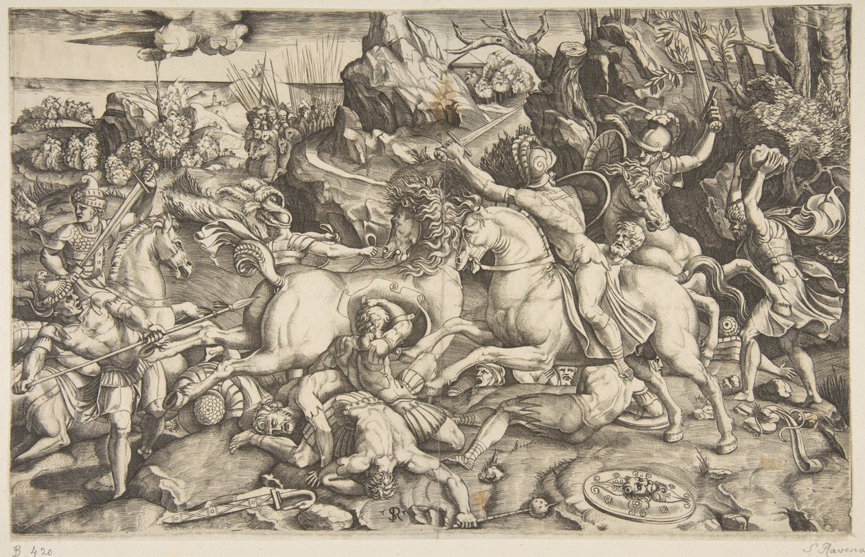 At sırtında askerler ve birkaç düşmüş adamla bir manzarada savaş sahnesi, bir diğeri..., yaklaşık. 1520. by Marco Dente