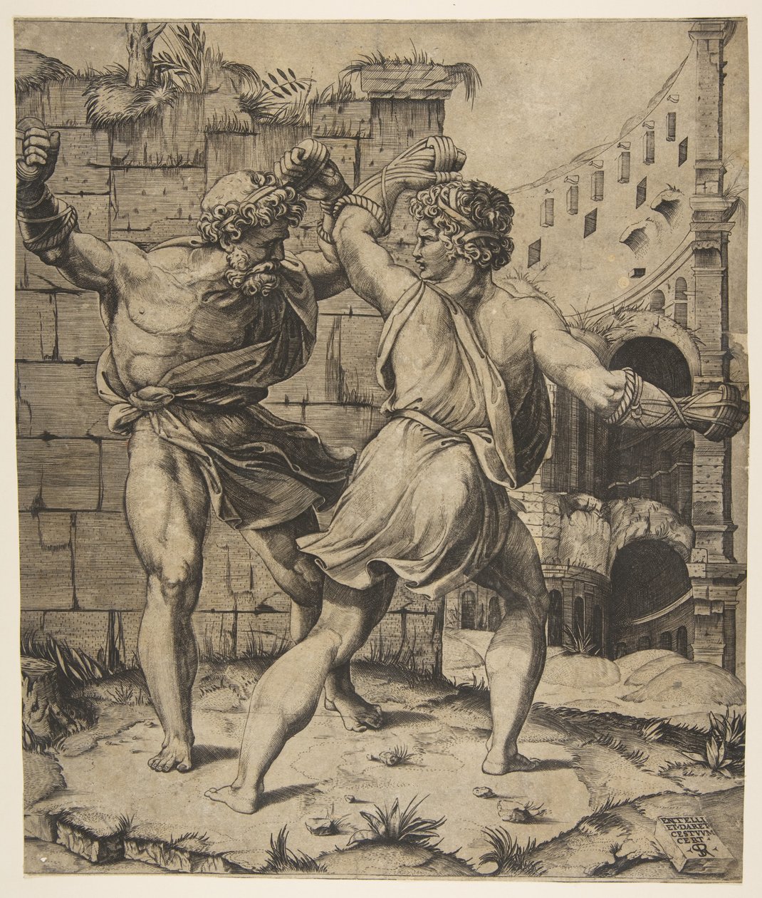 Entellus ve Dares, klasik harabelerin önünde savaşıyor, 1520-25. by Marco Dente