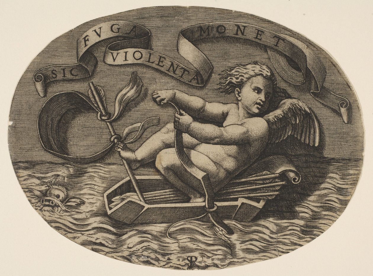Eros, okla ok kılıfından yapılmış bir tekneyi yayı kullanarak denizden kaçıyor..., ca. 1515-27. by Marco Dente