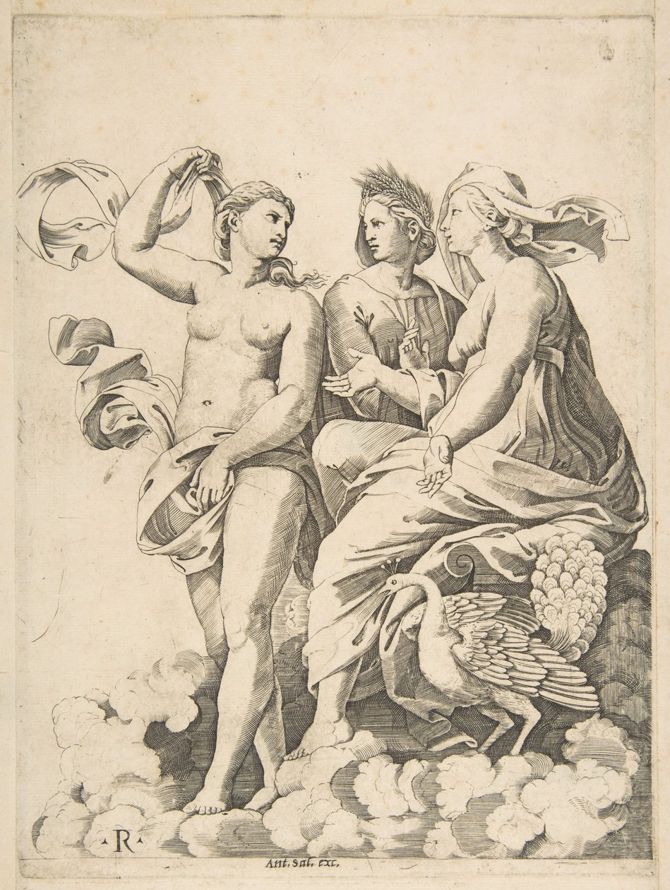 Juno, Ceres ve Psyche bulutların içinde sohbet ediyor, Juno yanında bir tavus kuşuyla oturuyor..., yakl. 1515-27. by Marco Dente