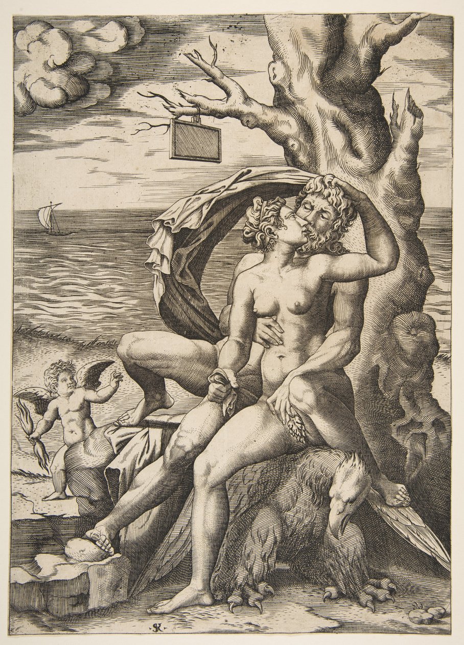 Jüpiter ve Semele kucaklaşıyor, altlarında bir kartal, sağda boş bir ağaç..., yakl. 1515-27. by Marco Dente