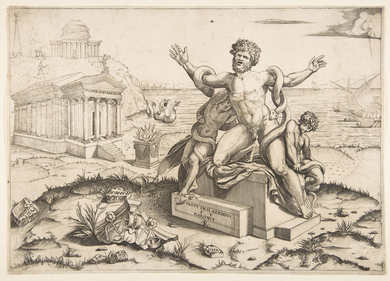 Laocoön ve iki oğlunun bir kaide üzerinde yılanlar tarafından saldırıya uğraması, Mi için bir tapınak..., ca. 1515-27. by Marco Dente