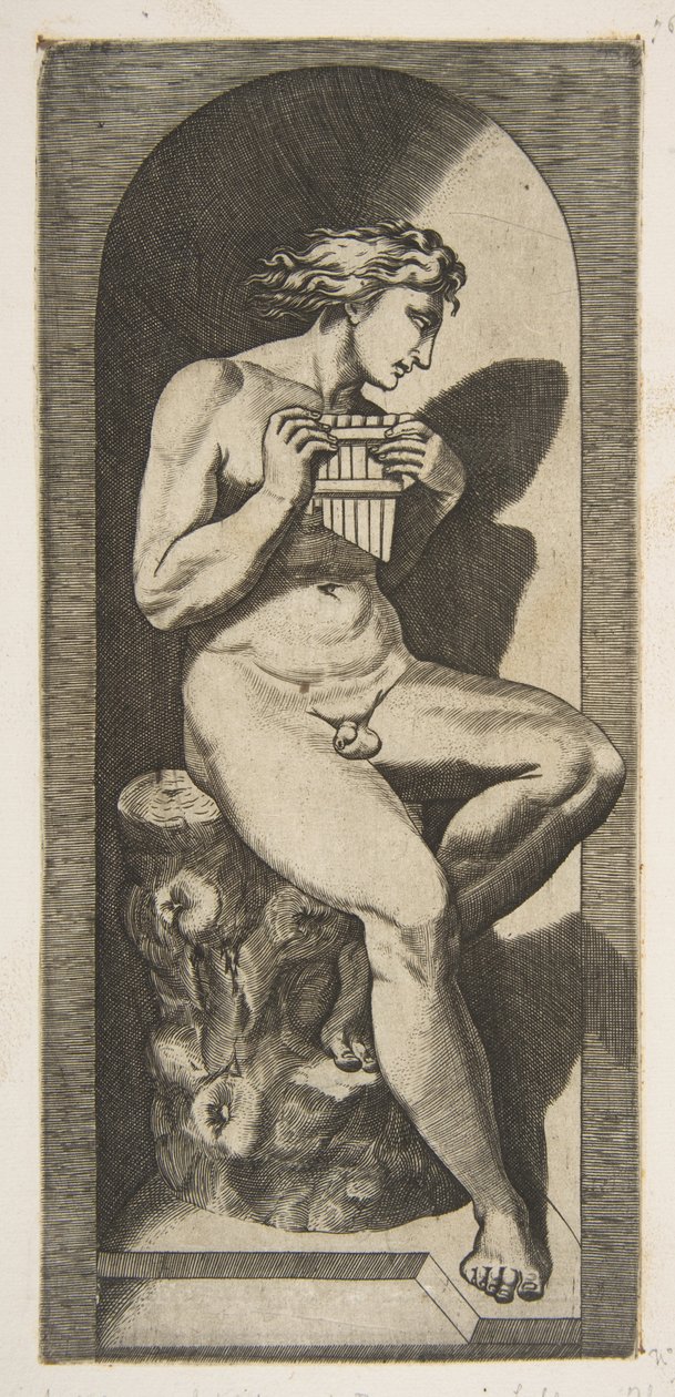 Olympus çıplak bir ağaç kütüğüne oturmuş, boruları tutuyor, bir niş içine yerleştirilmiş, yakl. 1515-27. by Marco Dente