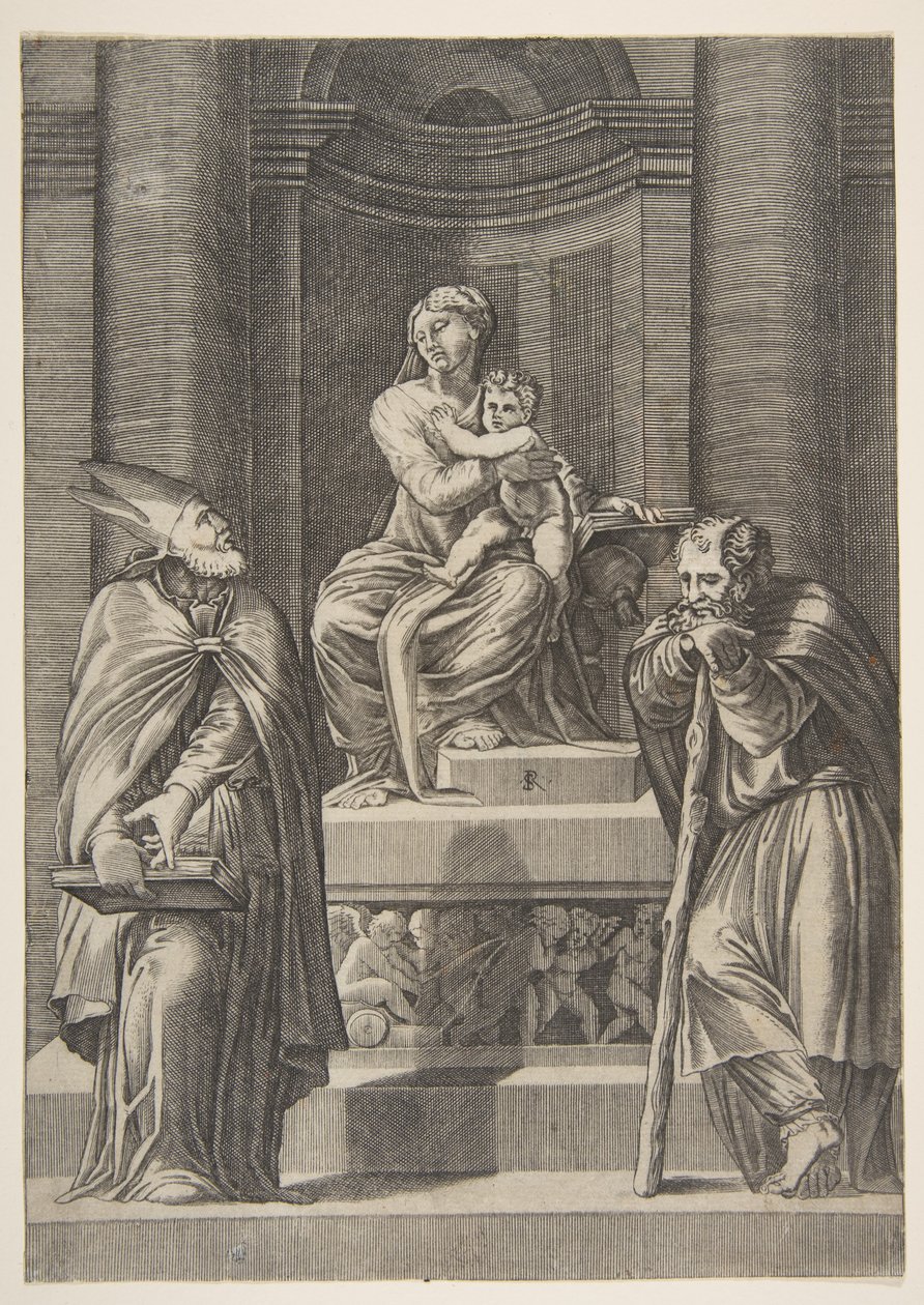 Solda Aziz Joseph ve sağda bir piskopos Bakire sunağının önünde duruyor ..., ca. 1515-27. by Marco Dente
