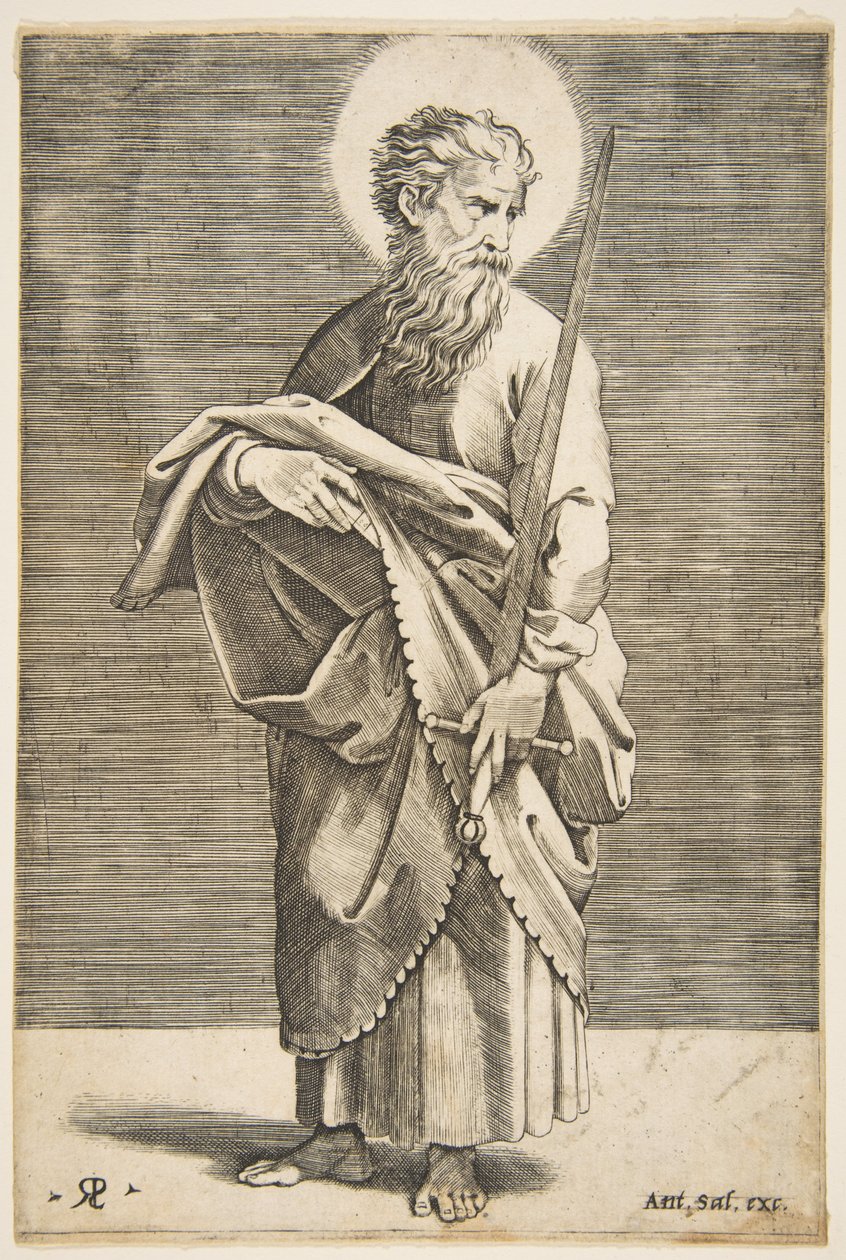Aziz Paul sağa bakıyor ve elinde bir kılıç ve bir kitap tutuyor, yakl. 1515-27. by Marco Dente