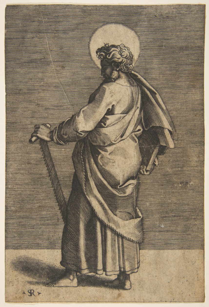 Aziz Simon ayakta sola bakıyor, elinde bir testere ve bir kitap tutuyor, yakl. 1515-27. by Marco Dente