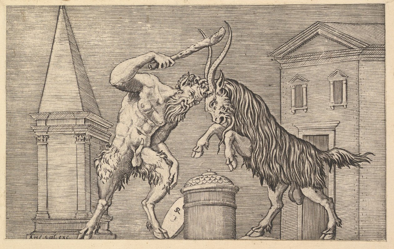 Roma İhtişamının Aynası: Bir Satyr ve Bir Koç Çatışması, 16. yüzyıl. by Marco Dente