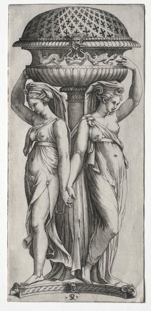 Cassollette: Bir Vazoyu Destekleyen Kadınlar, c. 1520-27. by Marco Dente