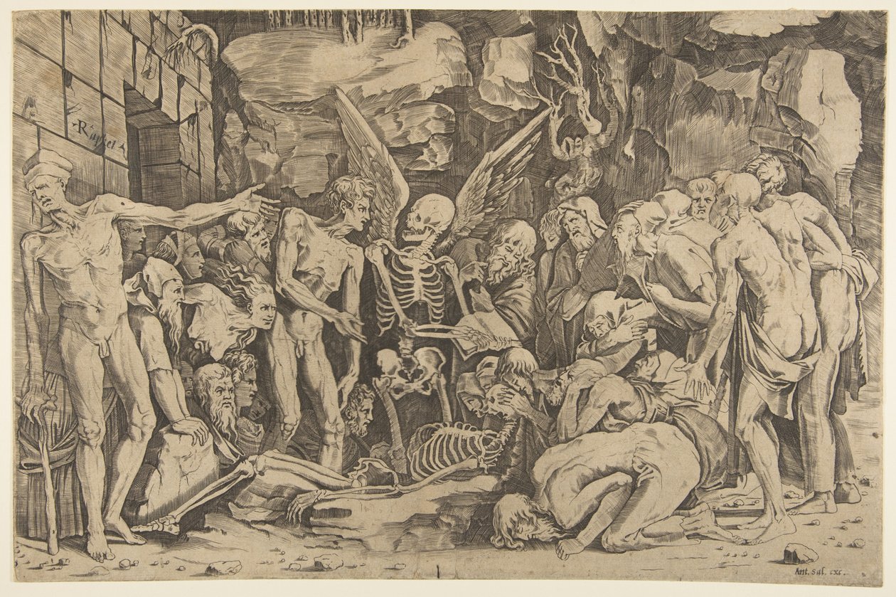 İskeletler, bir deri bir kemik kalmış erkek ve kadınlardan oluşan bir grup, 1515-27