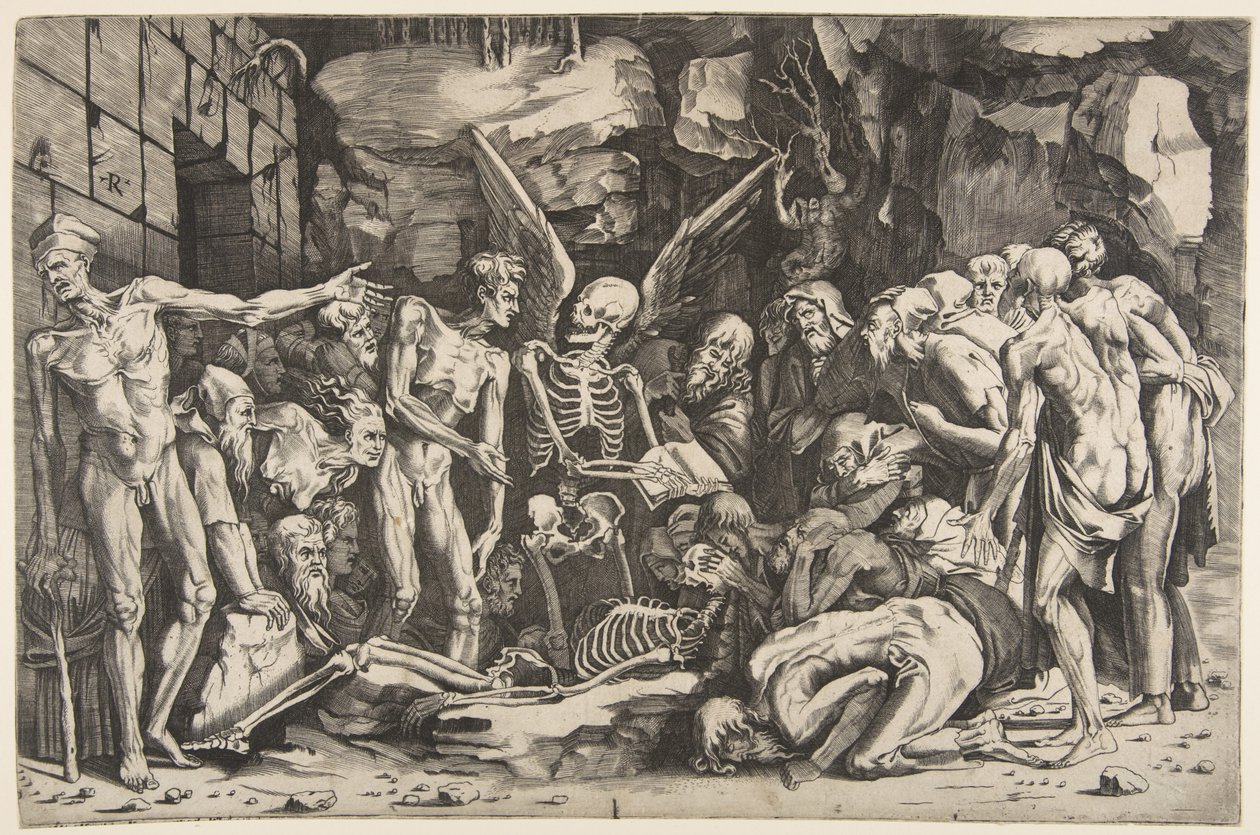 İskeletler, bir deri bir kemik kalmış erkek ve kadınlardan oluşan bir grup, 1515-27