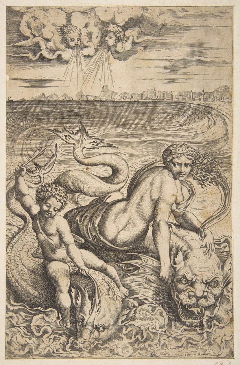 Venüs ve Aşk Tanrısı iki deniz canavarına biniyor, Aşk tanrısı sağ elinde bir ok kaldırıyor, t..., yakl. 1515-27. by Marco Dente