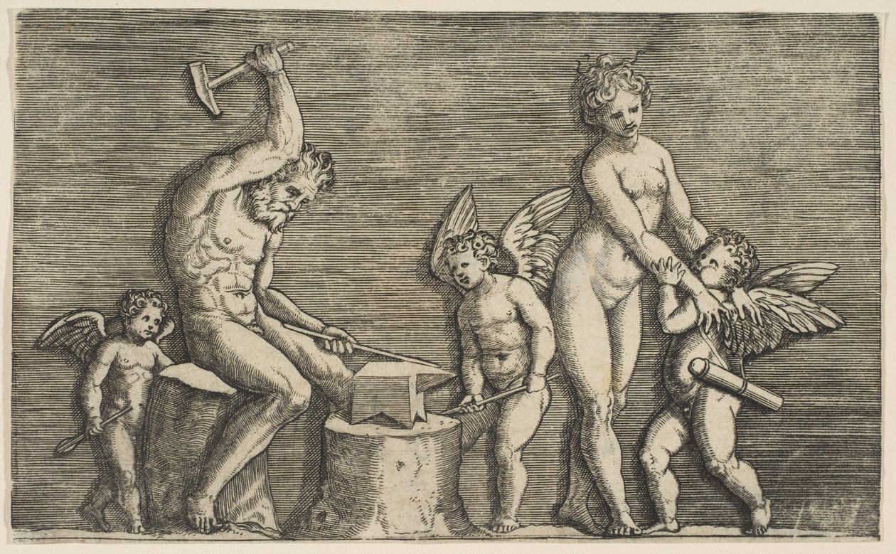 Vulkan, Venüs ve üç aşk tanrısı ile çevrili bir örs üzerinde çekiçle oturuyor, yaklaşık. 1515-27. by Marco Dente