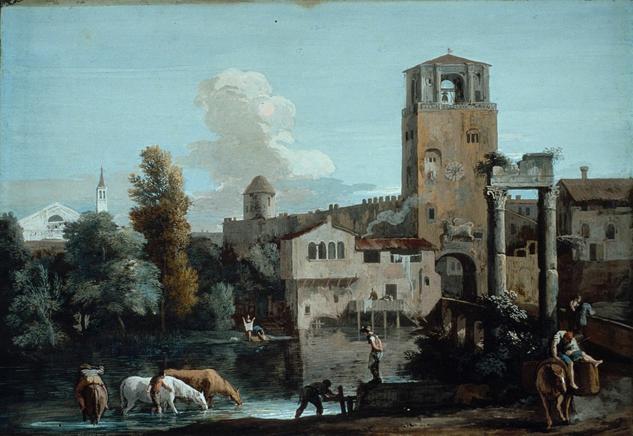 Surlarla çevrili bir kasabanın dışındaki bir nehirde sulanan atlarla bir capriccio by Marco Ricci