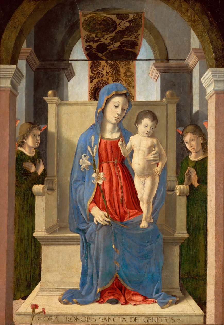 Zambaklı Bakire (bir tahtta çocuk İsa ile, iki melekle çevrili) - Zambaklı Bakire, Zoppo, Marco (1433-1478). Ahşap üzerine tempera ve yağ by Marco Zoppo