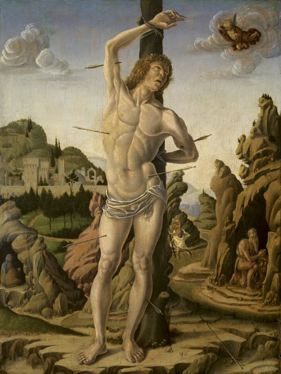 Aziz Jerome, Anthony Abbot ve Christopher ile Kayalık Bir Manzarada Aziz Sebastian, c.1475-78 by Marco Zoppo