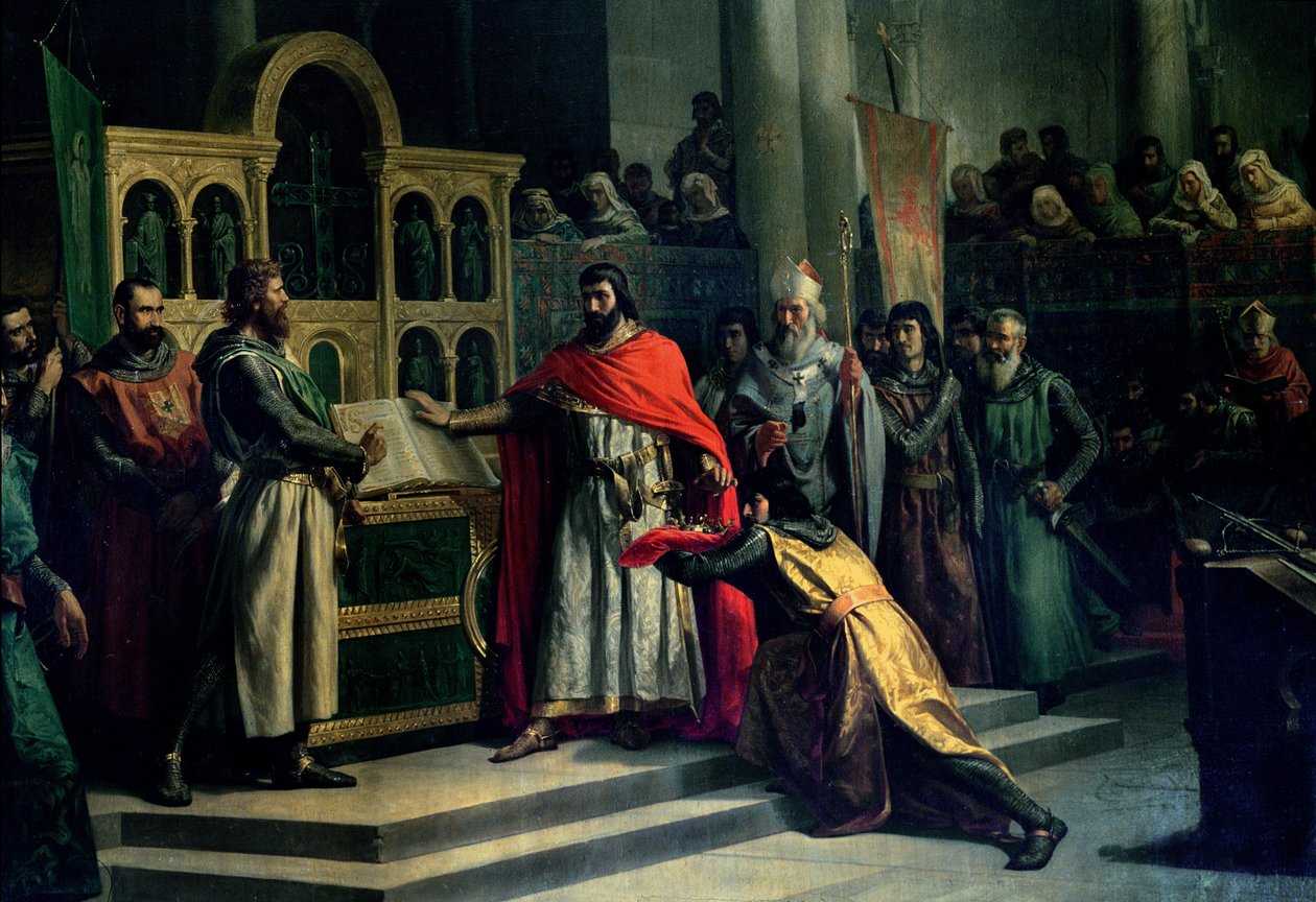 Santa Gadea Yemini, El Cid Campeador (c.1043-99), Castille Kralı Alfonso VI'dan (c.1040-1109), 1072 yılında kardeşinin öldürülmesinde hiçbir rolü olmadığına dair bir yemini alıntılar. Sancho II (c.1083-1072) (tuval üzerine yağlı boya) by Marcos Hiraldez de Acosta