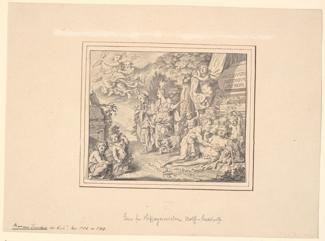 Bir lahitte boğulan Silen ve diğer mitolojik ve alegorik figürlerle alegorik yaprak: "Sepulcrum pudicitiae mortae" yazısı by Marcus Tuscher