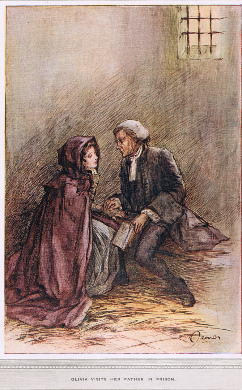 Olivia babasını hapishanede ziyaret ediyor, Oliver Goldsmith'in 'Wakefield Papazı'ndan bir çizim, c.1910 by Margaret Jameson
