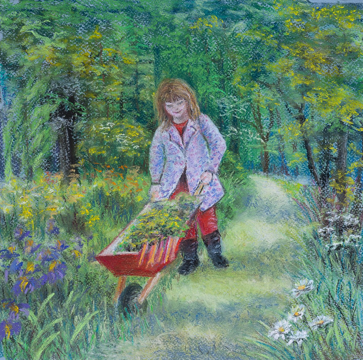 Dedeye bahçede yardım etmek, 2020 (pastel) by Margo Starkey