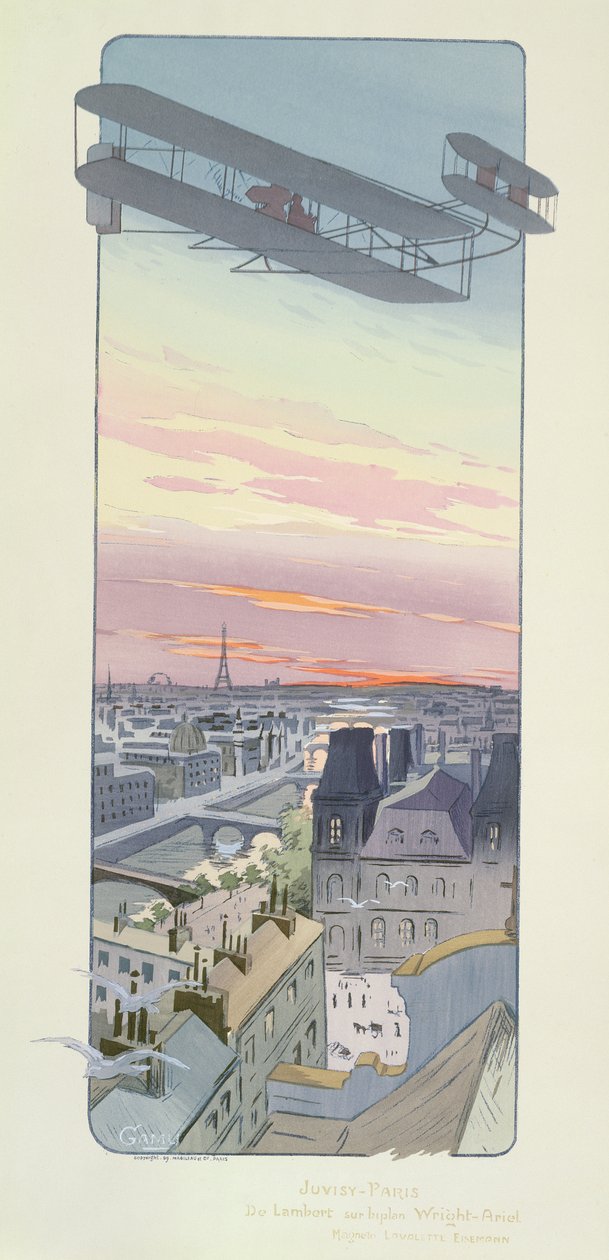 Kont Charles de Lambert bir Wright-Ariel Biplane uçuyor, Juvisy, Paris, Mabileau tarafından yayınlandı, Paris, 1914 (pochoir baskı) by Marguerite Montaut
