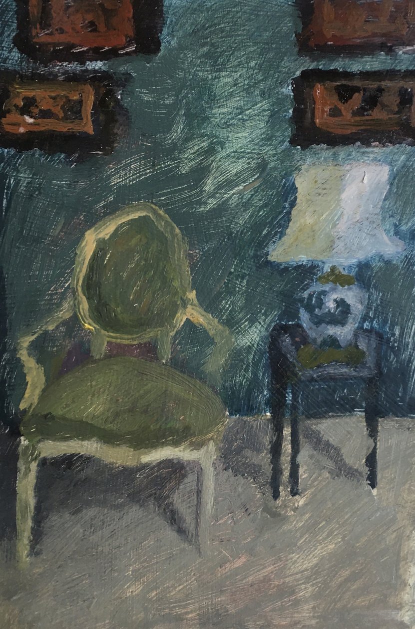 Koltuk ve Lambalı İç Mekan, 2019 (kağıt üzerine yağlıboya) by Maria Magenta