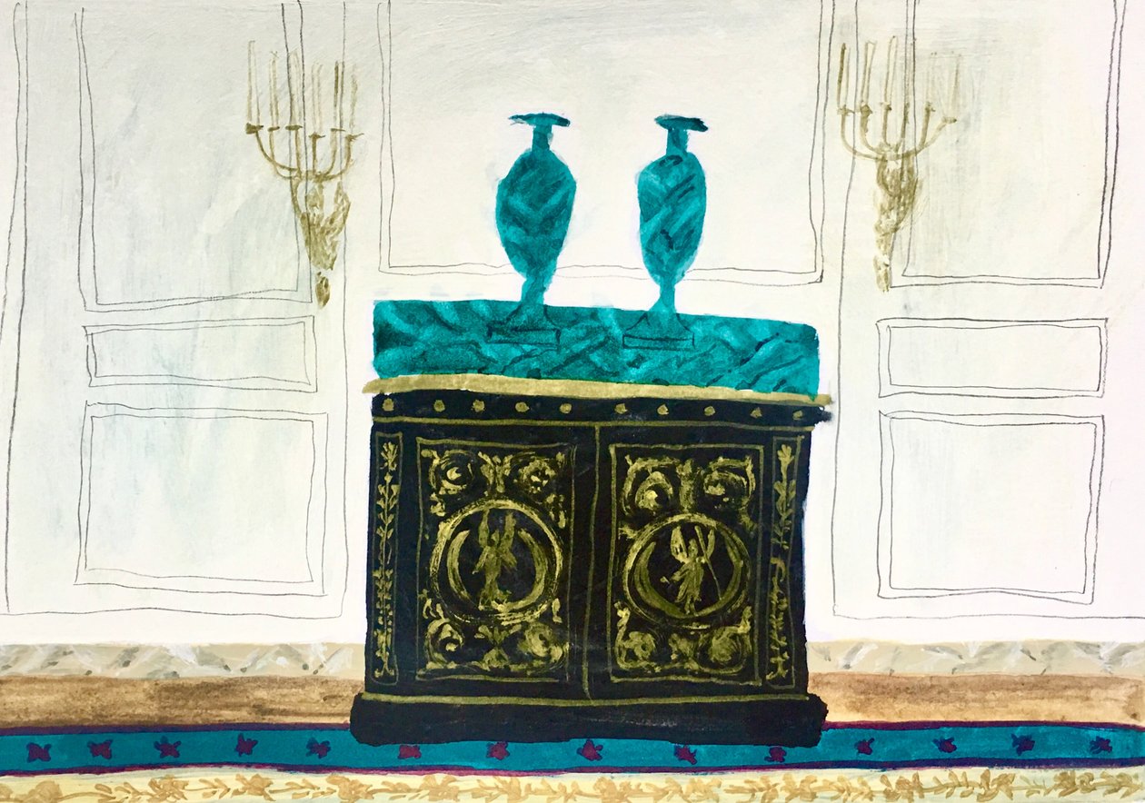 Yeşil Çekmeceli İç Mekan, 2018 (kağıt üzerine suluboya ve tempera) by Maria Magenta