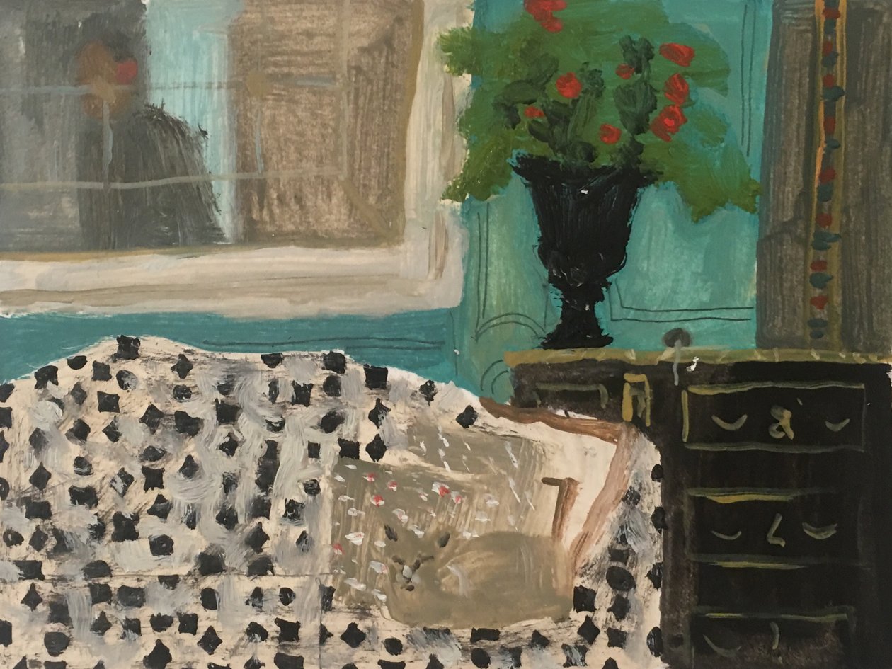 Interior with Сat, 2019 (kağıt üzerine yağlıboya) by Maria Magenta