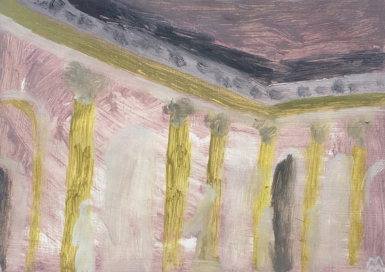 Rose Viennese Interior with Columns, 2019 (kağıt üzerine yağlıboya) by Maria Magenta
