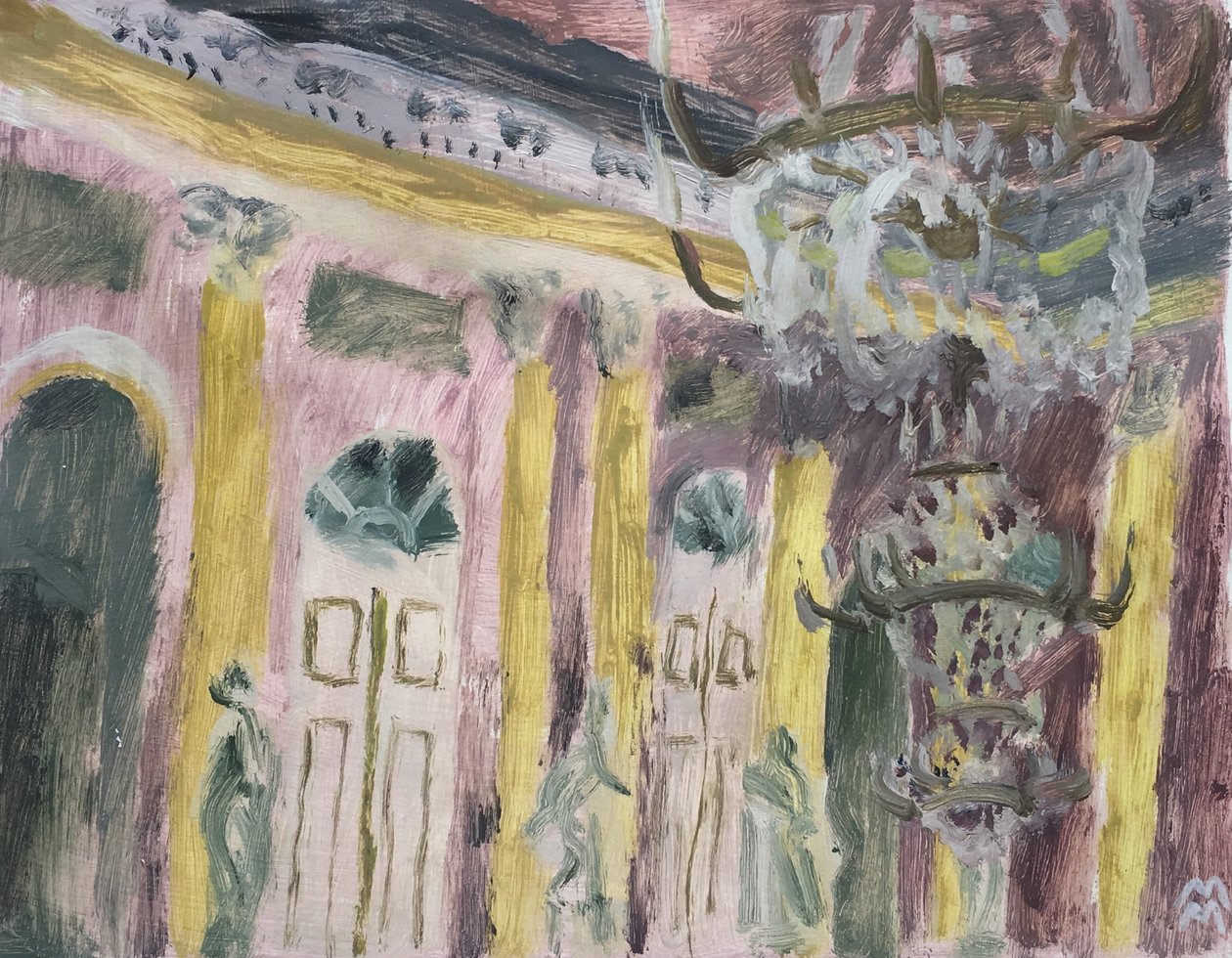 Avizeli Viyana İç Mekanı, 2019 (kağıt üzerine yağlıboya) by Maria Magenta